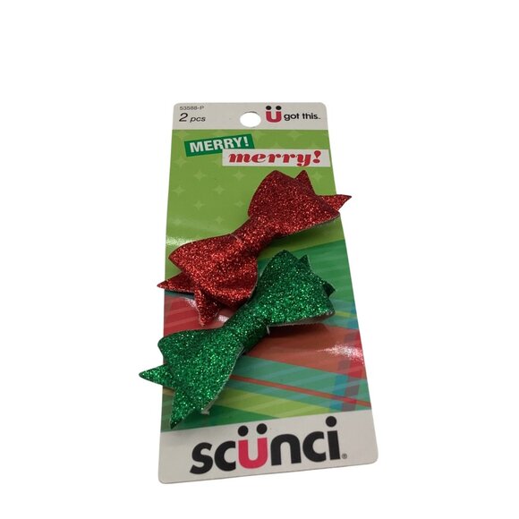 Scunci Christmas Glitter Hair Clips 2pcs Red & Green Holiday Accessories Bow - Picture 3 of 5